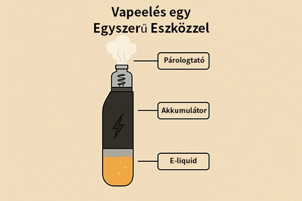 Vape készülék illusztráció magyar nyelvű címkékkel: Párologtató, Akkumulátor, E-liquid.
