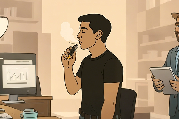 Illusztráció egy férfiról, aki irodában vape-ol, miközben a munkaasztalánál ül, és gőzt fúj.