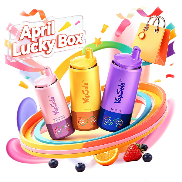 VapSolo vapes featuring Love 66, Black Ice, and Blueberry flavours in the April Lucky Box packaging, showcasing bright and colorful designs with fruit accents.