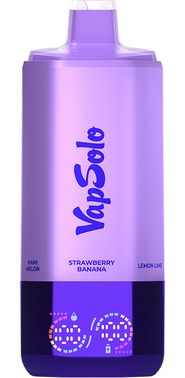Lila színű VapSolo e-cigaretta, Hami Melon, Strawberry Banana és Lemon Lime ízvariációk neveivel ellátva.
