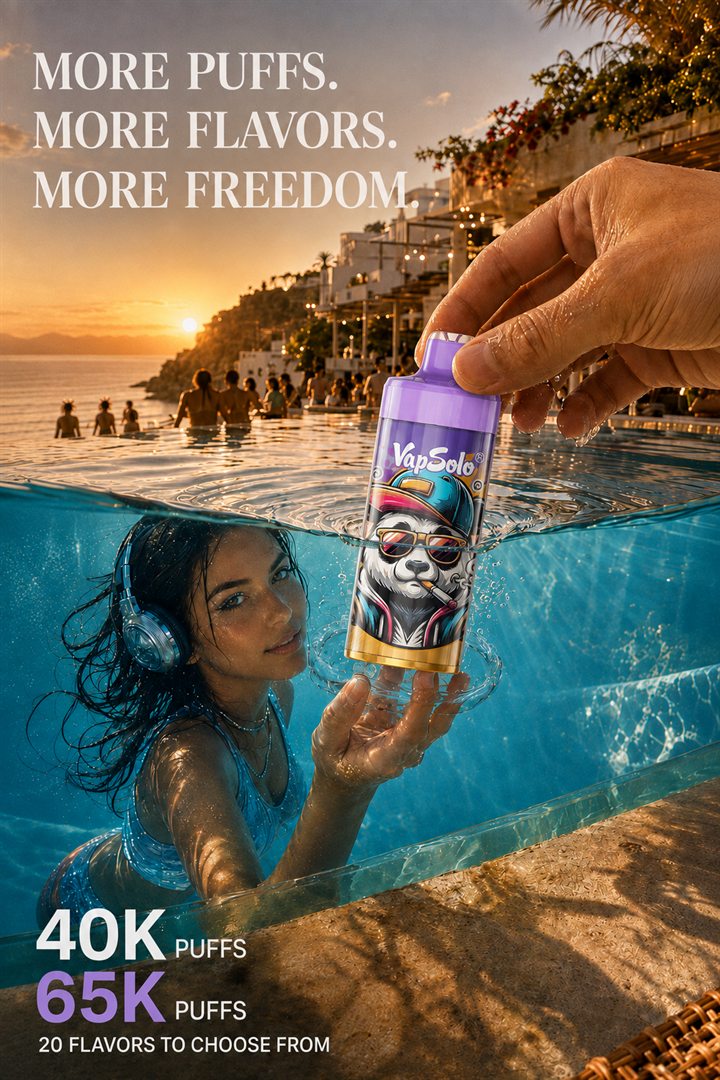 VapSolo KING PRO campaign image. Text on the image reads: More puffs. More flavors. More freedom. 40K puffs, 65K puffs, 20 flavors to choose from.